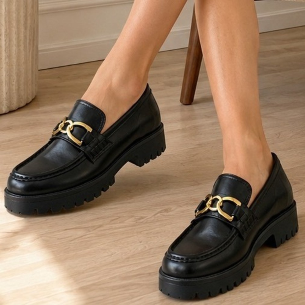 Nine West Black Chunky Platform Lug Sole Loafer Gold Chain Dark Academia Prep 8M